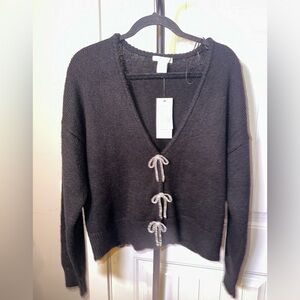 NWT Design History Size Large Black Sweater with Rhinestone Bling Bow Cardigan